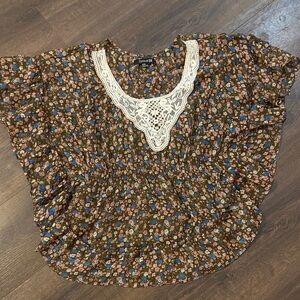 Forever 21 Brown Floral Blouse with White Lace Yoke